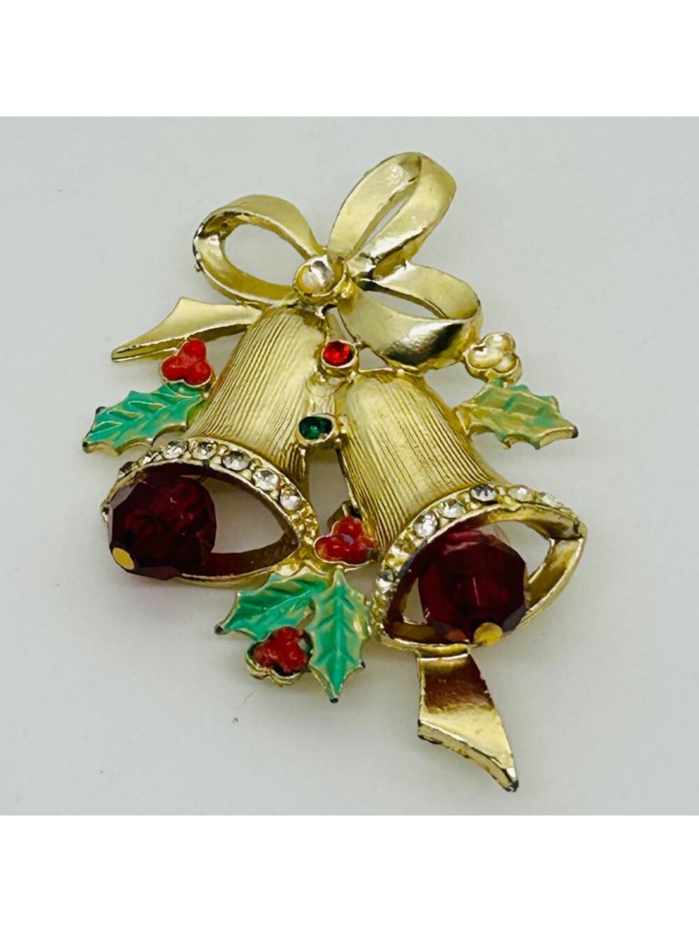Christmas Bell Brooch Rhinestone Enamel Holly Holiday Pin Red & Gold Tone Vintag